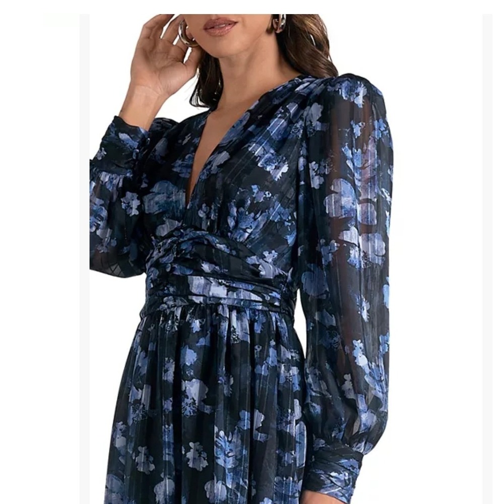 Elan Blue Floral Metallic Pinstripe V-Neck Mini Dress Long Balloon Sleeve NWT S